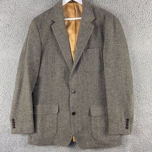 Lands End Wool Blazer Men 40L Black‎ Tan Herringbone Jacket Suit Coat Business